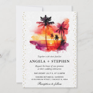 Aquarell-Tropeninsel-Sonnenuntergangs-Hochzeit Einladung