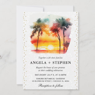 Aquarell-Tropeninsel-Sonnenuntergangs-Hochzeit Einladung