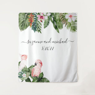 Aquarell-Tropenvögel Rosa Kalligrafie Wandteppich