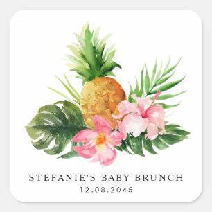 Aquarell-Tropische-Ananas-Sommer-Baby-Brunch Quadratischer Aufkleber