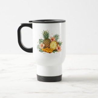 Aquarell-Tropische-Ananas-und-Hibiskusblüte  Reisebecher