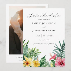 Aquarell-Tropische-Blumen-Grünzeug-Foto-Hochzeit Save The Date