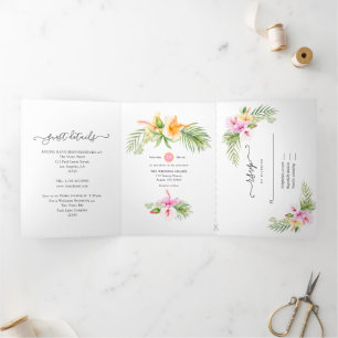 Aquarell-Tropische-Blumen-Strand-Hochzeit-Dreifach Dreifach Gefaltete Einladung