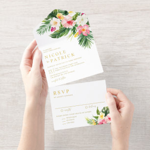 Aquarell-Tropische-Blumen-und-Grün-Hochzeit All-in-One-Einladung