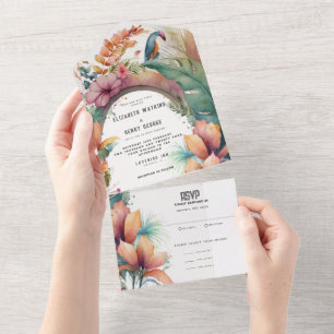 Aquarell-Tropische-Botanische-Blumen-Hochzeit  All In One Einladung