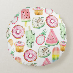 Aquarell tropische Früchte, Eiscreme-Muster. Rundes Kissen