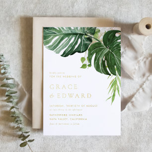 Aquarell-Tropische-Monstera-Grün-Hochzeit Folieneinladung