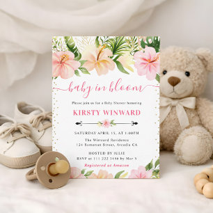 Aquarell-Tropische-Rosa-Blumen-Baby-Party Einladung