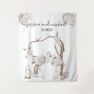 Aquarell Tropischer Flamingo Boho Weiße Blumen Wandteppich