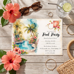 Aquarell-Tropischer-Palmenbaum-Hibiskus-Poolparty Einladung