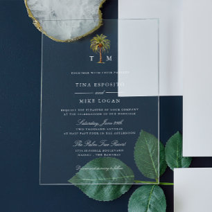 Aquarell tropischer Palmenbaum Monogramm Hochzeit Acryleinladungen