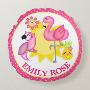 Aquarell-Tropischer-Sommer-Flamingo & Papagei Rundes Kissen