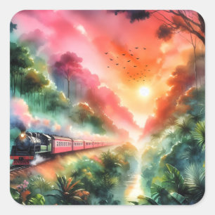 Aquarell-Tropischer-Sonnenuntergang-Zugreise Quadratischer Aufkleber