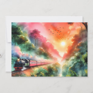 Aquarell-Tropischer-Sonnenuntergangs-Zug-Reise Feiertagskarte