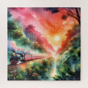 Aquarell-Tropischer-Sonnenuntergangs-Zug-Reise Puzzle
