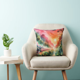 Aquarell-Tropischer-Sonnenuntergangs-Zugreise Kissen