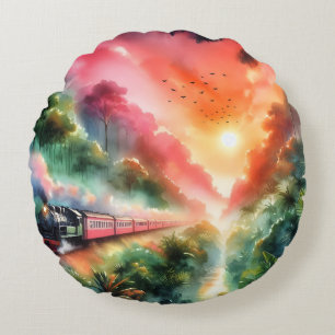 Aquarell-Tropischer-Sonnenuntergangs-Zugreise Rundes Kissen