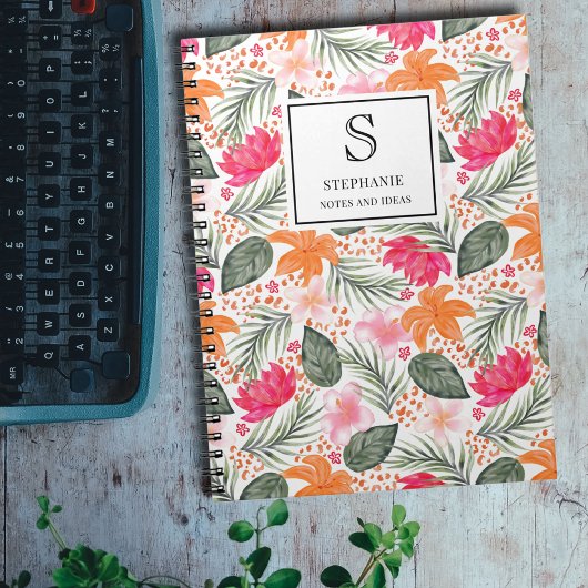 Aquarell-Tropisches-Blumenmuster-Monogramm & Name Notizblock