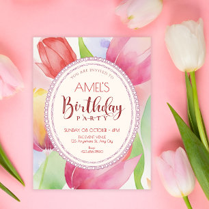 Aquarell-Tulpen blühen Geburtstag Einladung