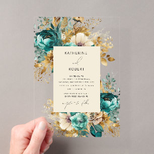 Aquarell Türkis Gold Florale Hochzeit Acryleinladungen