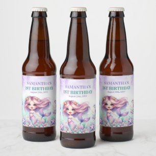 Aquarell Türkis Lila Meerjungfrau 1. Geburtstag Bierflaschenetikett