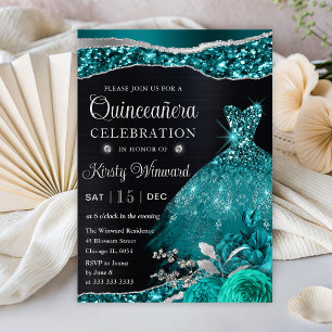 Aquarell Türkis Silber Glitter Kleid Quinceanera Einladung
