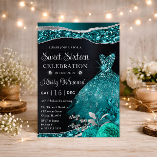 Aquarell Türkis Silber Glitter Kleid Sweet Sixteen Einladung