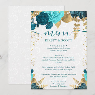 Aquarell Türkis- und Goldblumen-Hochzeit Menükarte