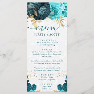 Aquarell Türkis- und Goldblumen-Hochzeit Menükarte