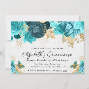 Aquarell-Türkis- und Goldblumen-Quinceanera Einladung