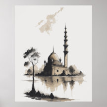 Aquarell-Tuschemalerei einer Moschee in Schwarzwei