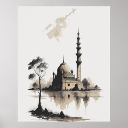 Aquarell-Tuschemalerei einer Moschee in Schwarzwei Poster