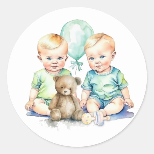 Aquarell Twin Boys Babydusche Runder Aufkleber (Vorderseite)