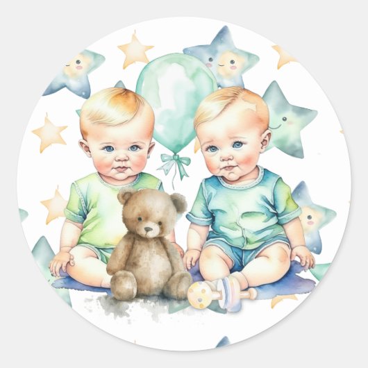 Aquarell Twin Boys Babydusche Runder Aufkleber (Vorderseite)