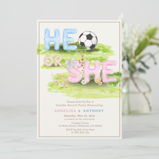 Aquarell-Typografie Fußball-Wildblumen Er oder sie Einladung (Stehend Vorderseite)