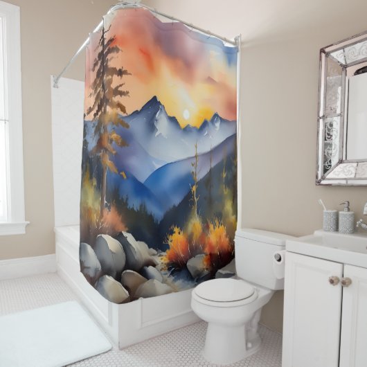 Aquarell über schneebedeckte Berge Duschvorhang (Beispiel)