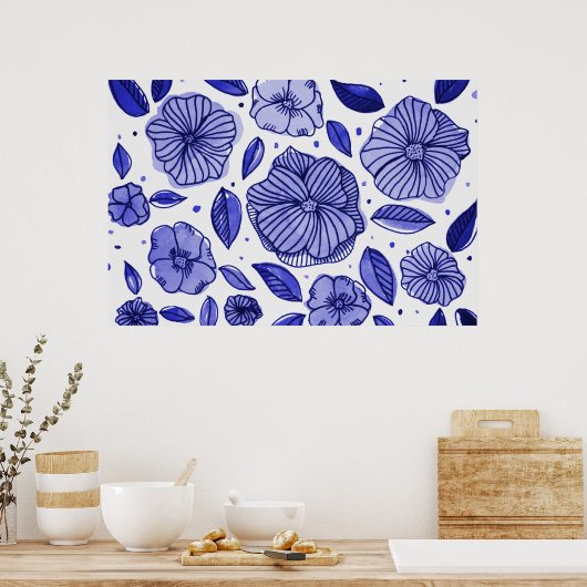 Aquarell und Blume - blaue Farbpalette Poster (Küche)