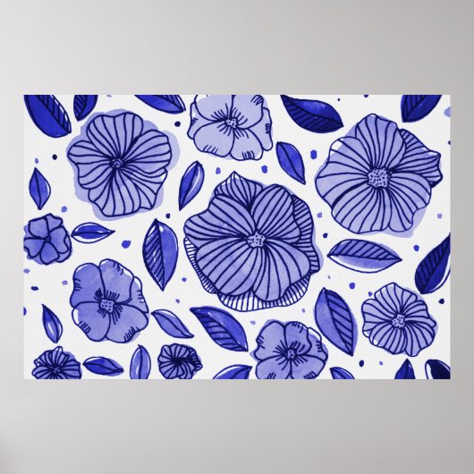Aquarell und Blume - blaue Farbpalette Poster (Vorne)