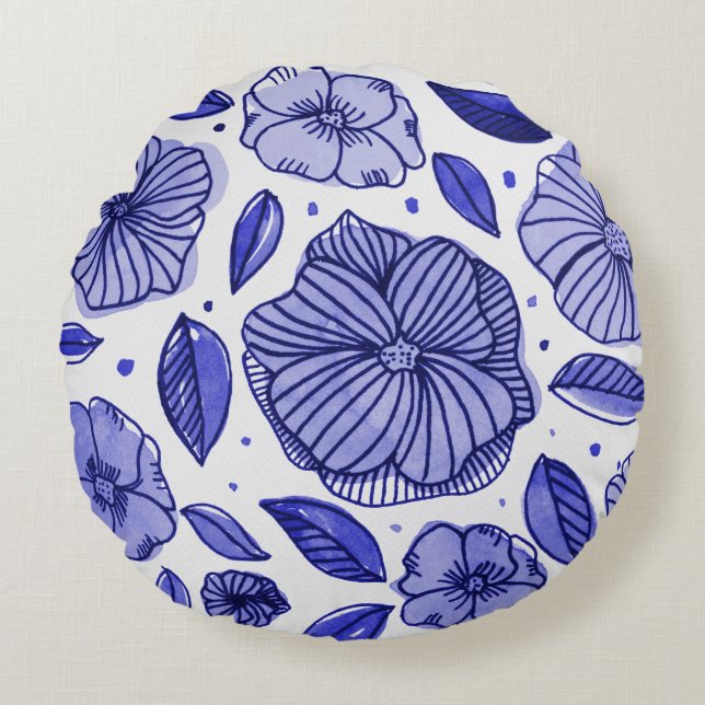 Aquarell und Blume - blaue Farbpalette Rundes Kissen (Vorderseite)