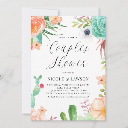 Aquarell und Blume Paare Dusche Einladung (Vorderseite)