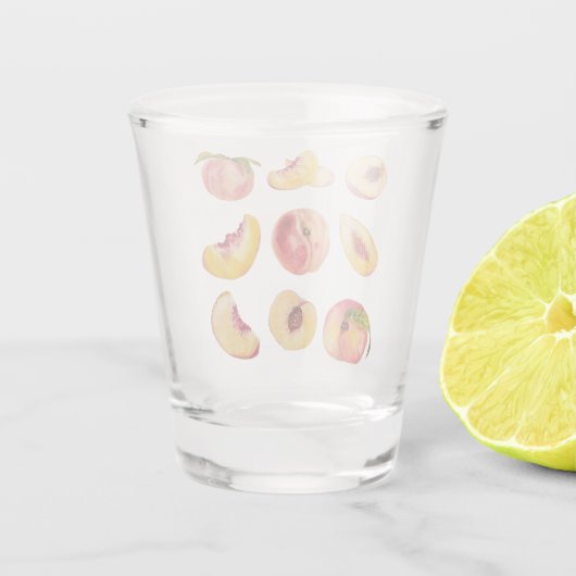 Aquarell und farbenfrohe frische Pfirsichscheiben, Schnapsglas (Rückseite)