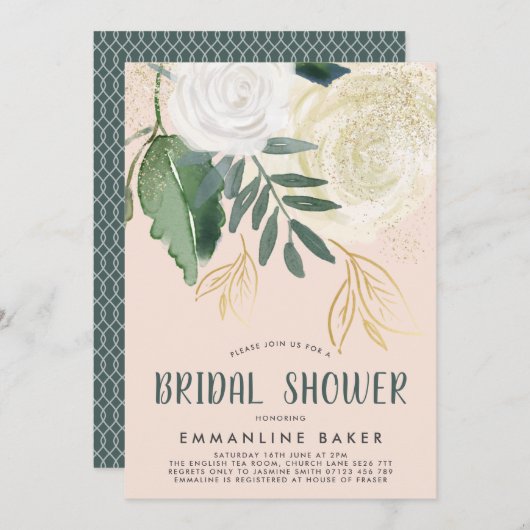 Aquarell und Glitzer Rose Brautparty Einladung (Vorne/Hinten)