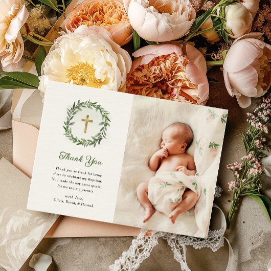 Aquarell und Gold Cross | Foto-Taufe Dankeskarte