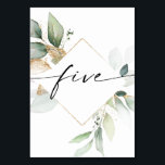 Aquarell und Gold Tischnummern Fünf<br><div class="desc">Dieses Design der Tischnummer besticht durch eine elegante Anordnung der Eukalyptusgrün und einen minimalen Schriftart. Klicken Sie auf die Schaltfläche "Klicken,  um weitere Anpassungen vorzunehmen",  um die Farbe und die Hintergrundfarbe des Skripts zu bearbeiten. Sehen Sie sich die gesamte Kollektion an,  um mehr passende Artikel zu finden!</div>