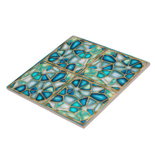 Aquarell- und Goldzellen - Ozean - gerahmtes Quart Fliese