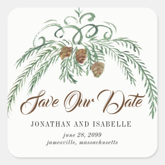Aquarell und Pinienwälder Rettete unser Datum Quadratischer Aufkleber (Vorderseite)