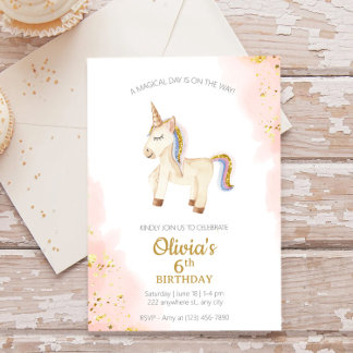 Aquarell Unicorn Pastellgold Glitzer Geburtstag Einladung