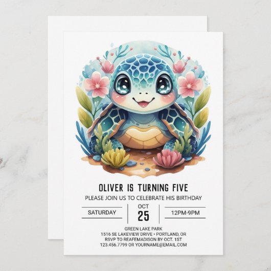 Aquarell Unter dem Meer Kinder Schildkröte Junge G Einladung (Vorne/Hinten)