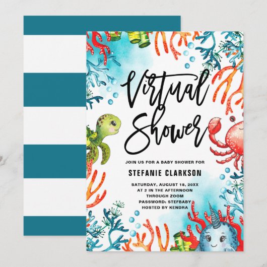 Aquarell unter der virtuellen Babydusche des Meere Einladung (Vorne/Hinten)