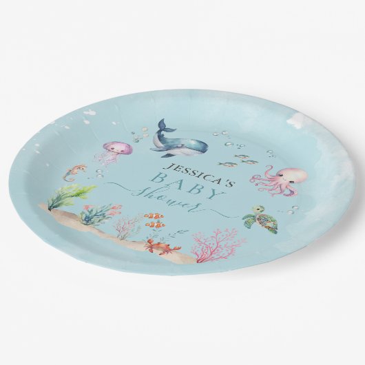 Aquarell unter Meerestieren Kinderdusche Pappteller (Schrägansicht)